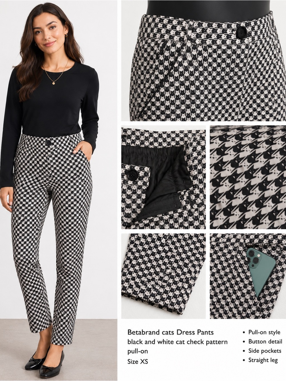 Betabrand cats  Dress Pants black and white cat check pattern pull-on xs
